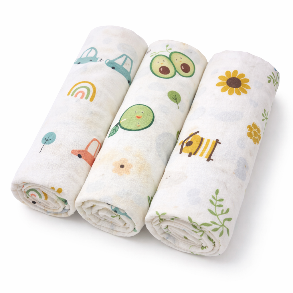 100% Cotton Muslin Swaddle Blankets – Pack of 3