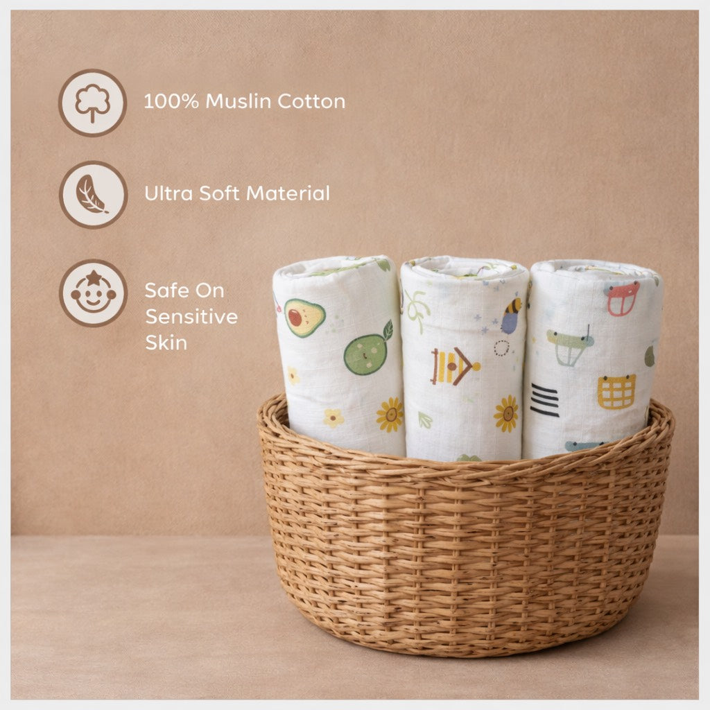 Three rolled-up muslin cloths in a woven basket with text highlighting material and safety.