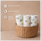Three rolled-up muslin cloths in a woven basket with text highlighting material and safety.